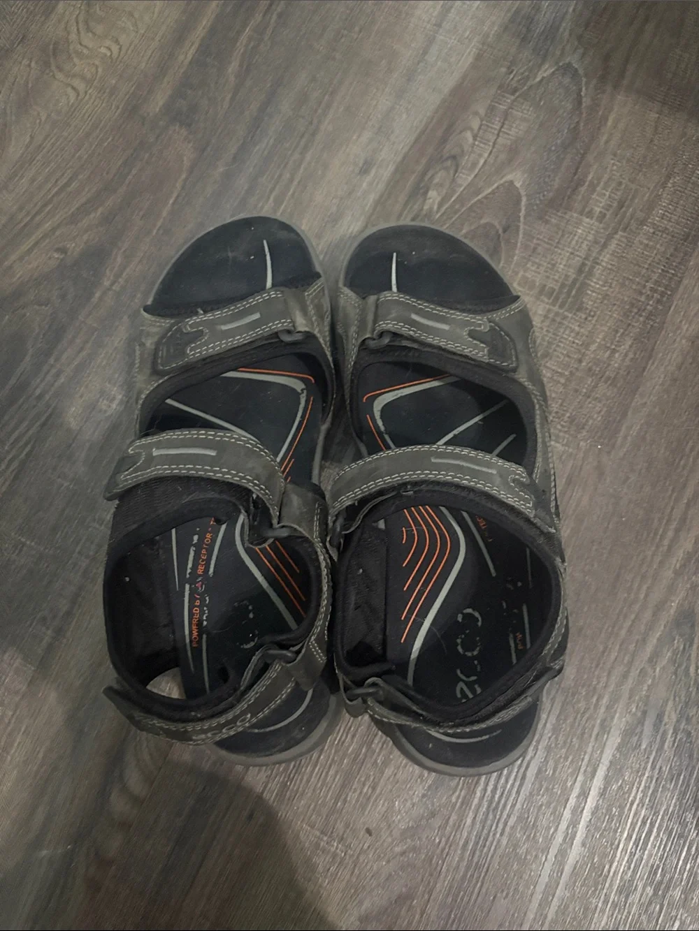 Ecco Men's Gray and Black Strapped Sandals with Orange Accents